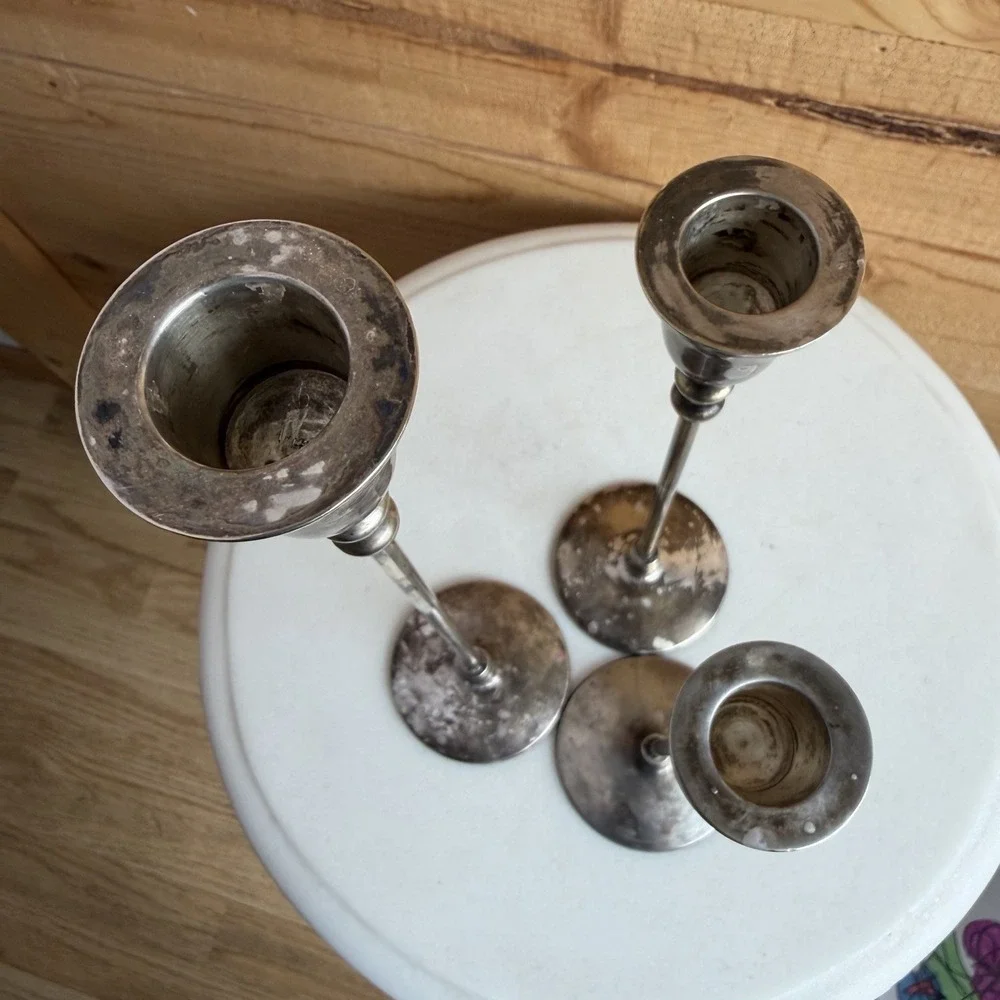 Set Of 3 Graduated Silver Tone Candle Stick Holders Tulip Tapered VTG Unmarked